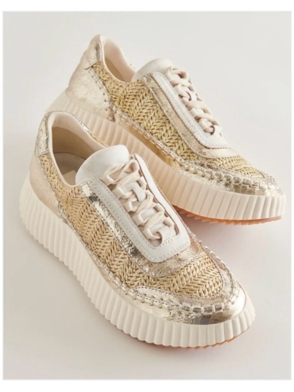 entro Cream and Gold Woven Platform Sneakers